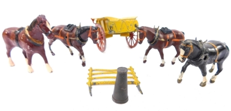 A Britain's General Purpose plough, Britain's horses and cart, farm hands, ploughs and other implements. (a quantity)