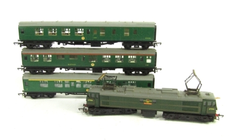 A Tri-ang Class 27 electric locomotive Pandora, and three British Rail coaches. (4)