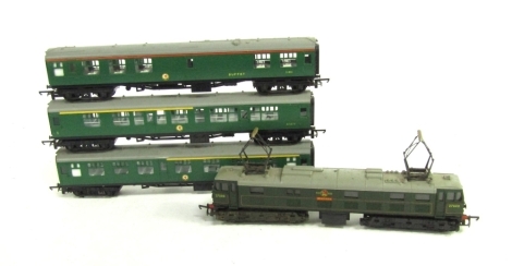 A Tri-ang OO gauge Class 27 electric locomotive Electra, and three British Rail coaches. (4)