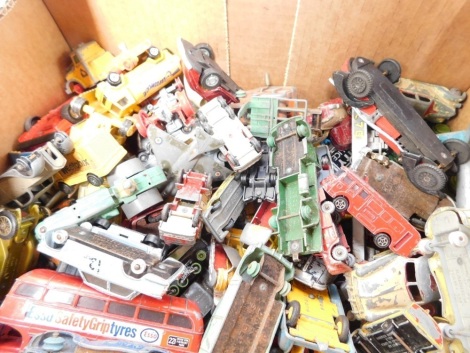 Various play worn die cast, including a Dinky Toys RouteMaster bus, Corgi Toys Carrier Bantum, Matchbox R Series Kingsize number K8, Caterpillar, Corgi Peugeot, Dinky Toys Trojan, Matchbox Battle Kings K101 Sherman tank, Budgie towing tender and breakdown