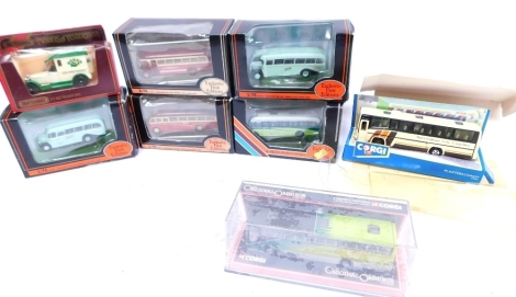 Various Corgi die cast buses, to include original mini bus, Exclusive Editions 1:76 bus, various others similar, etc. (9)