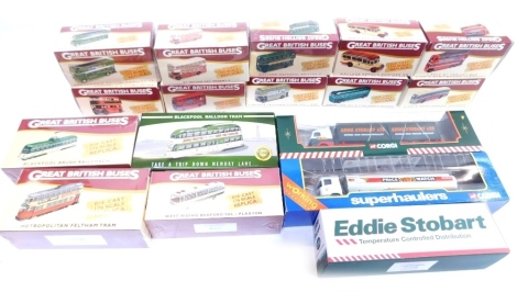 Various Corgi die cast vehicles, Eddie Stobart, Ovo Skeletal trailer TY86705, various Great British Buses 1:76 die cast vehicles, and a quantity of 1:76 buses, etc., boxed. (17)