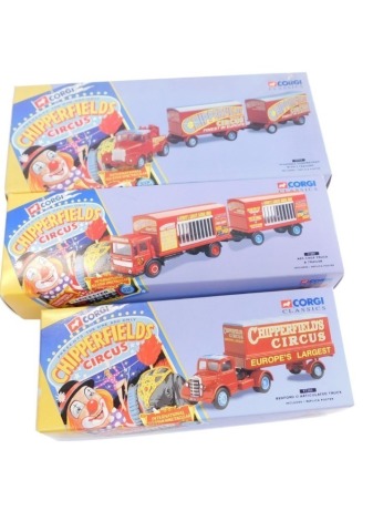 Various Corgi Classics Chipperfield Circus die cast vehicles, to include Bedford articulated truck 97303, AEC cage truck and trailer, etc., boxed. (3)