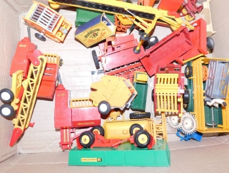 Various agricultural farm machinery, Britain's and others, metal green trailer with red axle and yellow and black wheels, boxed Matchbox series die cast cement mixer number 3, round baller, etc. (a quantity)