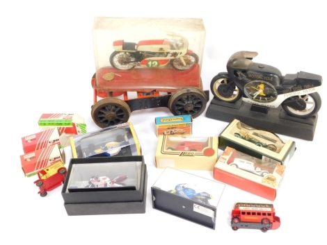 Various die cast toys and vehicles, to include alarm clock motorcycle, boxed die cast, Matchbox, Super Fast Volkswagen, boxed, various other die cast vehicles, etc. (a quantity)