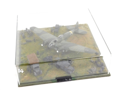 A cased diorama model of a Messerschmit ME262A, in 1:32 scale.