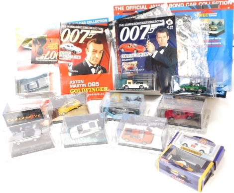 James Bond 007 die cast vehicles, to include Ferrari F355 GTS Golden Eye, Aston Martin Golden Eye, car collectors covers, boxed, with magazines and loose casings. (1 box)