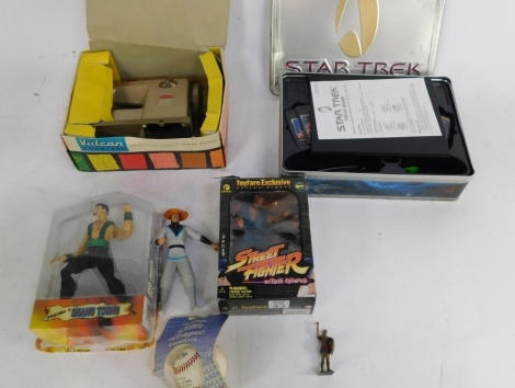 Street Fighter and other action figures, with articulated limbs, some in blister packs, Vulcan Countess hand operated sewing machine, toys, games, etc. (a quantity)