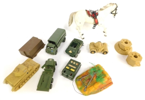 A group of army cars and vehicles, to include white horse, tanks, fuel trucks, etc. (1 tray)