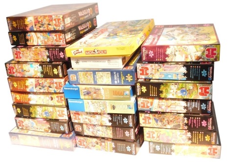 Various jigsaws, a large quantity, to include Jumbo, Wasgij, Simpsons Monopoly, etc., possibly incomplete. (24)