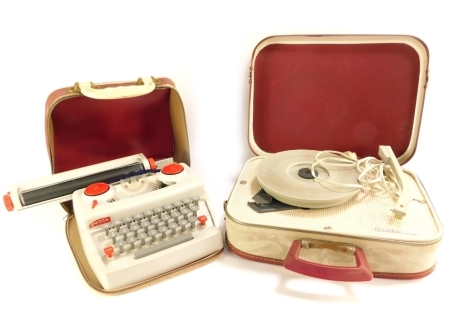 A child's cased Petite typewriter and a cased record player. (2)