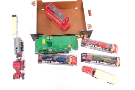 Testers and other die cast, boxed trains, unboxed tractor, refuse truck, etc. (1 box)