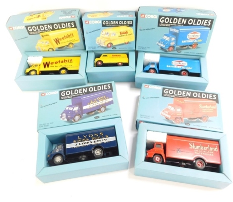 Five Corgi Golden Oldies die cast vehicles, Ever Ready batteries, Weetabix, etc., boxed. (5)