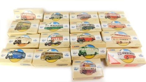 Various Corgi Classics Public Transport 1:50 scale die cast busses, to include Leyland Tiger 972113, AEC Regal 97021, etc., boxed. (17)