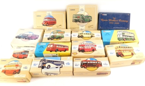 Corgi Classics public transport vehicles, 1:50 scale, buses Sunfresh, Colemans Mustard, etc., boxed. (14)