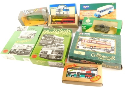 Various Corgi Classics and other die cast vehicles, Island Transport bus, others to include Battle of the Bulge Solido, Scout car, etc., boxed. (a quantity)