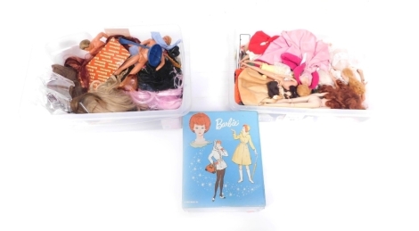 A Barbie 1963 travel case, containing a quantity of various accessories, clothing, and Barbies, circa 1968, Ken, partial clothing, further Ken type doll, etc. (a quantity)