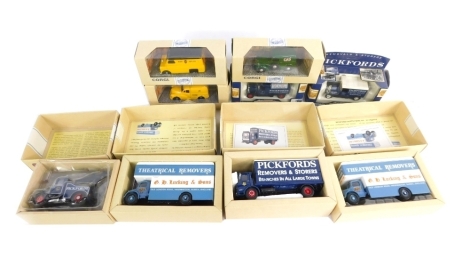 A quantity of Corgi Commercial vehicles and others, comprising Ford Poplar van, Bedford CA van, Morris 1000 van, two Bedford Pantechnicon Luckings, Pickfords truck, Scammel Highway crane and two Pickfords Motoring Memories cars. (9)