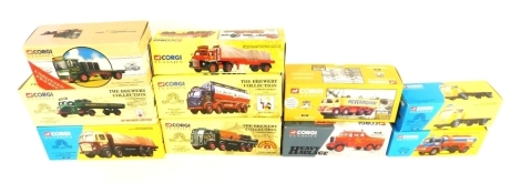 Ten Corgi Classics die cast vehicles, comprising AEC 4 wheel flatbed truck, Bedford S Type tractor and trailer, Scammel, Leyland eight wheel, Siddle Cook Heavy Haulage, Hoveringham Gravels tipper, John Smiths truck, Gulf Oil tanker, Blue Circle cement, Yo