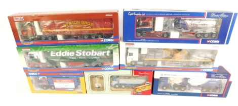 Various die cast lorries and trucks, comprising Corgi British Sugar, Russell Albion wheel tipper, Corgi Volvo tipper, Cyril Knowles Scania tanker, Corgi Eddie Stobart truck, Corgi Tarmac lorry and a Benton Bros curtain side Volvo, boxed. (7)