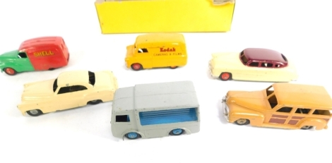 Dinky die cast tin plate vehicles, to include Shell Austin, Bedford Kodak, NCB Electric Van milk float, Car 27FX, unboxed, contained in original Dinky Austin covered wagon box No 413. (a quantity)