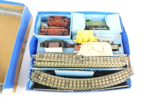 A Hornby Dublo OO gauge tin plate electric train set, LNER 9596, with associated and other tin plate and plastic carriages, partially box. (a quantity, AF)