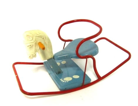 A Mobo child's rocking horse, in red and blue.