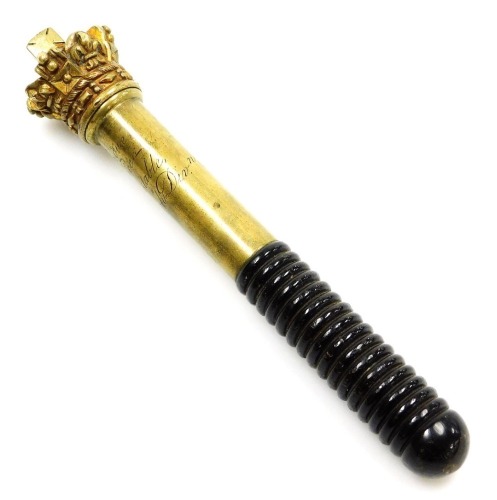 A Victorian brass and turned wooden tipstaff, with an imperial crown strew lid, the shaft engraved to 'Samuel Hague Superintendent of Police, and High Constable, Loughborough Division', 18cm wide.