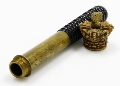 A Victorian brass and turned wooden tipstaff, with an imperial crown strew lid, the shaft engraved to 'Samuel Hague Superintendent of Police, and High Constable, Loughborough Division', 18cm wide. - 4