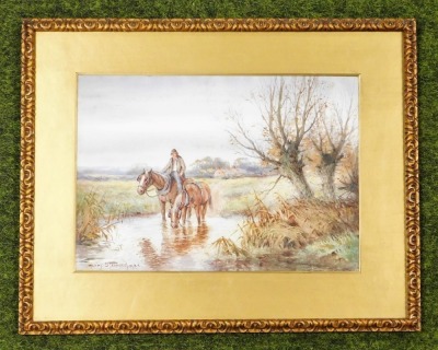 Henry John Sylvester Stannard RBA FRSA (British, 1870-1951). Two horses being led through a brook, in a country landscape, watercolour, signed, 24cm x 34cm. - 2