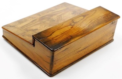 A Victorian olive wood and inlaid writing slope, the hinged top opening to reveal a fitted interior, with inkwell, and a fall flap opening to reveal a purple velvet writing slope and vacant interior, 40cm wide, 33.5cm deep. - 2