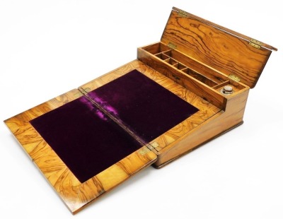 A Victorian olive wood and inlaid writing slope, the hinged top opening to reveal a fitted interior, with inkwell, and a fall flap opening to reveal a purple velvet writing slope and vacant interior, 40cm wide, 33.5cm deep. - 3