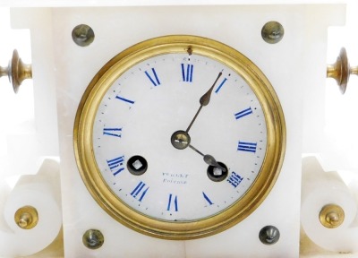 A late 19thC French gilt mounted alabaster mantel clock, the circular dial signed Ferlet Brenon with blue Roman numerals, the eight day movement with bell strike, the case surmounted by a tazza, on a serpentine base, with chain suspensions, raised on bra - 2