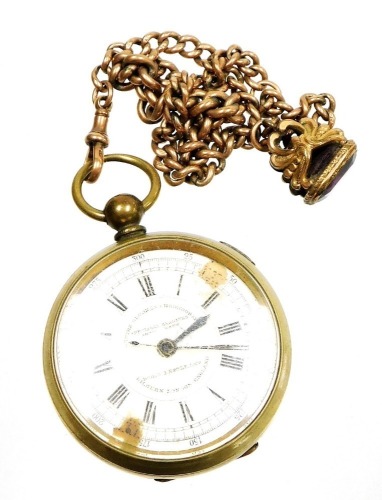 A Victorian gold plated chronograph pocket watch, by Dorey Lester and Company, open face, key wind, circular enamel dial bearing Roman numerals, centre seconds, Swiss movement, the case of plain form, no key, together with a 9ct rose gold graduated kerb l