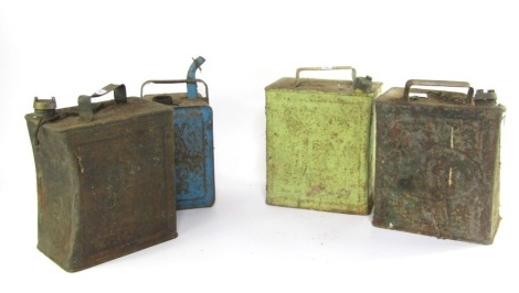 Four petrol cans, comprising a Pratts lime green oil can, 31cm high, BP oil can, 31cm high, Esso oil can, 31cm high, and a blue Valor oil can, 34cm high. (4)