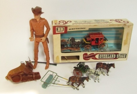 A Britain's Concord Stagecoach 1870, Britain's horse and cart, farm hands, horse and roller, and a Johnny West Action Cowboy figure. (4)