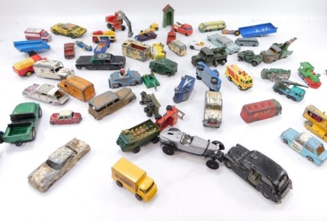 Various play worn die cast, including Corgi Land Rover 109 WB, Dinky Toys Austin taxi, Matchbox BP auto tanker, Corgi Juniors Leyland Terrier, Corgi Toys Citroen Safari, Corgi Toys The Green Hornet Black Beauty. (1 box)