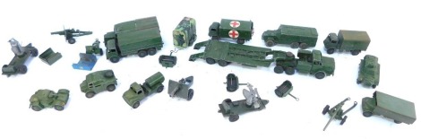 Various Dinky die cast army vehicles, to include play worn armoured command vehicle, medium artillery tractor, military ambulance, other military vehicles, etc. (a quantity)