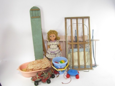 Various dolls and accessories, to include a jointed doll with sleep eyes, various annuals, the Ginger Tom book, Babies Own, various other hardback annuals, etc. (1 box)