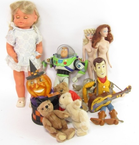 Various dolls and teddy bears, Celluloid doll, partially clothed, etc. (a quantity)