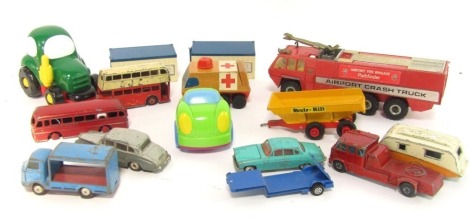 A group of die cast play worn cars and vehicles, comprising Airport Crash truck, musical cars and trucks, army vehicles, etc. (1 box)