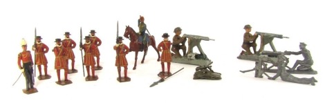 Various early 20thC Britain's and other soldiers, plastic soldiers, lead Beefeaters, various others contained in a cigar box. (a quantity)