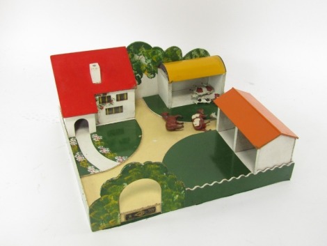 A modern wooden farm building by Gee Bee, 17cm high, 40cm wide, 39cm deep, with metal farm animals. 