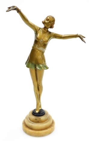 An Art Deco painted spelter figure, modelled as a standing lady in a short dress with her arms outstretched, raised on a stepped circular onyx socle, 36.5cm high.