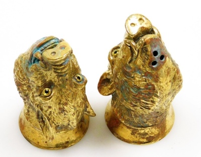 A pair of gold plated Wild Boar salt and pepper shakers, stamped 18ct gold plate, 6cm high. - 2