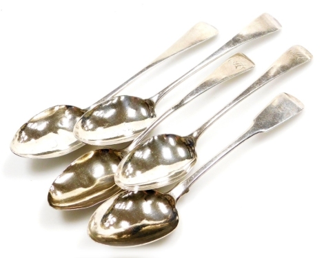 Five George III silver Old English pattern tablespoons, three initial engraved, London assay, various dates, 8¼oz.