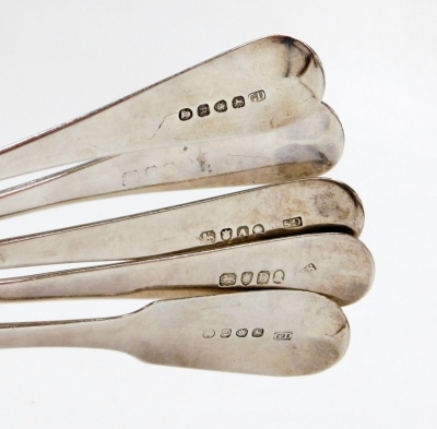 Five George III silver Old English pattern tablespoons, three initial engraved, London assay, various dates, 8¼oz. - 2