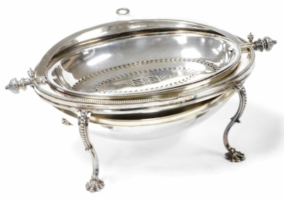 A Victorian cut glass biscuit barrel, with plated mount and hinged lid, engraved with flowers and ferns, on a galleried oval plated stand, raised on ball and claw feet, 21cm wide, together with a Victorian silver plated entree dish, with domed cover, rais - 3