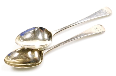 A pair of George III silver Old English pattern serving spoons, each with monogram to handle, London 1784, 4½oz.