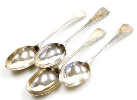 Four Victorian silver Old English pattern dessert spoons, one monogrammed, dates for Sheffield 1896, London 1900 and 1859 and Birmingham 1886, 6¼oz.